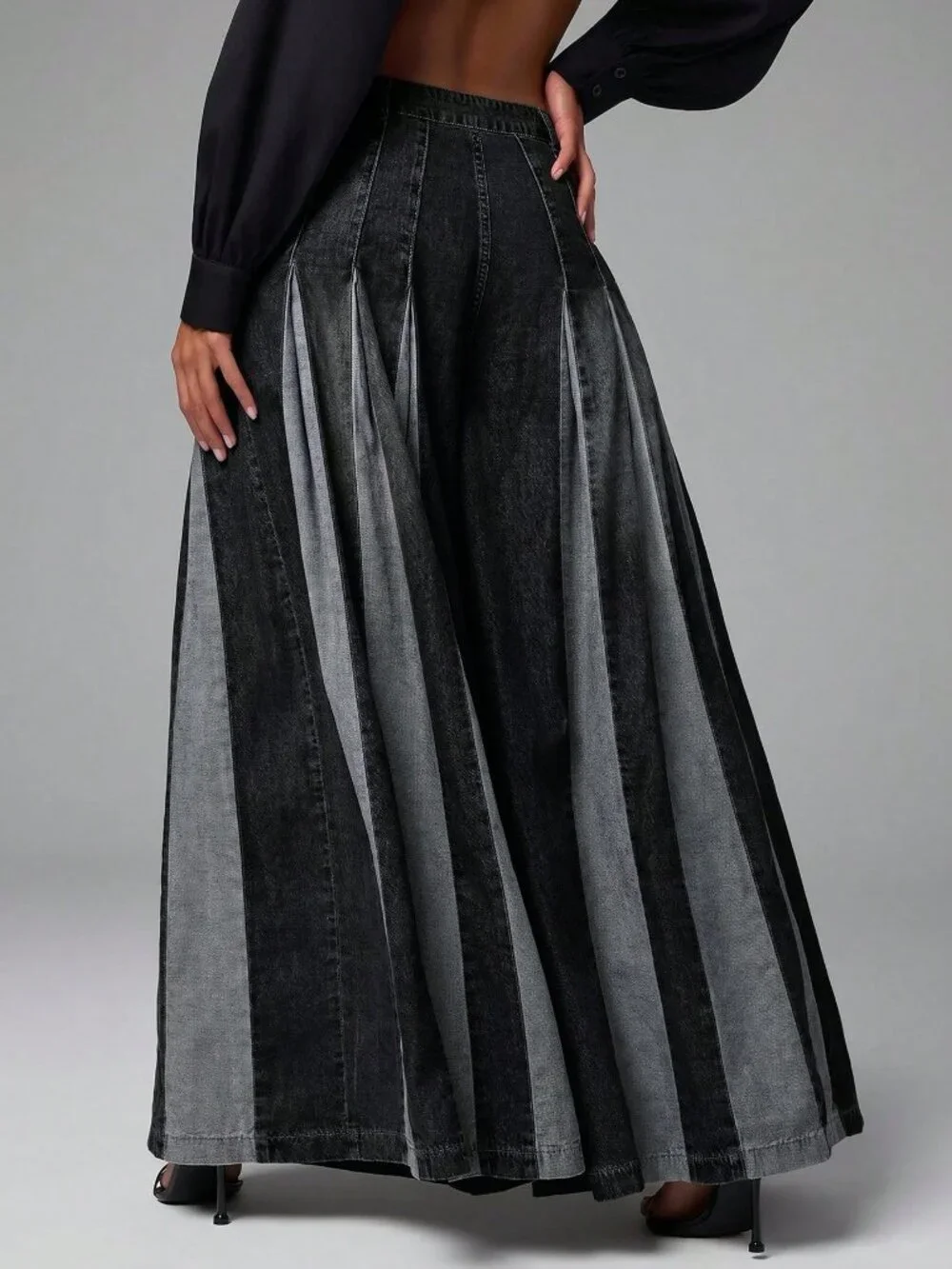 Black Casual Women's  Two Tone Color Block Wide Leg Flowy Baggy Denim Jeans